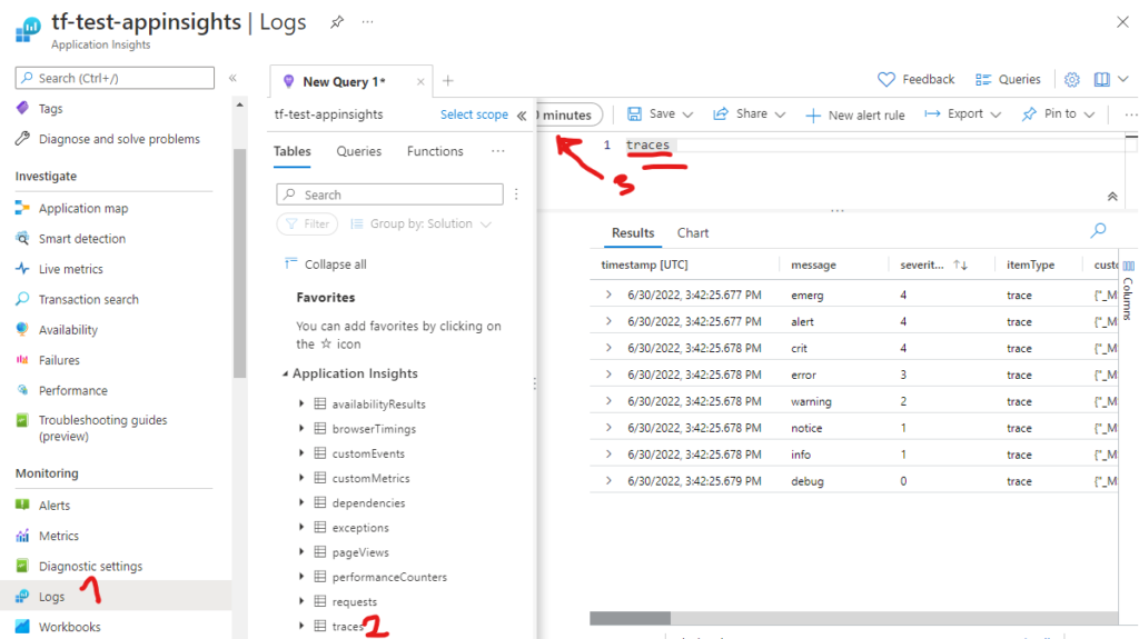 Viewing your longs in application insights 